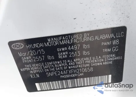 2015 Hyundai Sonata Se from USA, damaged, VIN 5NPE24AFXFH210658